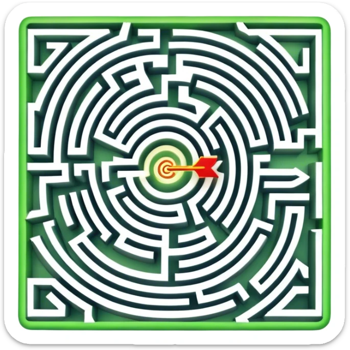 An icon showing an aerial view of a maze, with winding paths and dead ends, symbolizing indoor and city-based escape rooms. A glowing arrow points the way forward, representing the challenge of solving puzzles and finding the exit. .transparent background. sticker