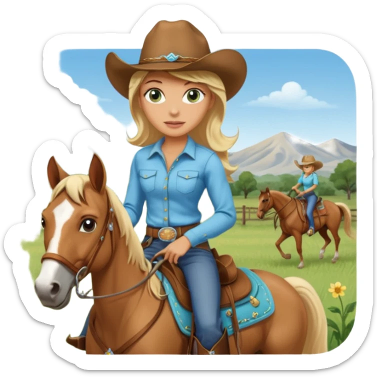 one blonde with light blue green eyes cowgirl on a quarter horse sticker
