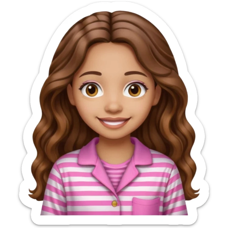 lightskin girl  pink and white striped pajama shirt shirt and long wavy brown brown hair  sticker