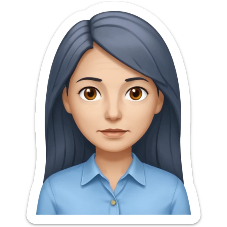 vit 50-årig kvinna med grå slingor i jättelångt mörkbrunt hår bruna ögon ljusblå skjorta med översta knappen uppknäppt sticker