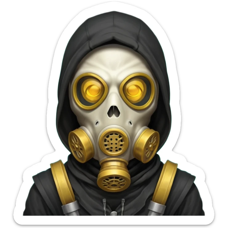 skeleton wearing a gas mask portrait, head and shoulders only, dark hood, glowing eyes inside mask, post-apocalyptic vibe, 3D cartoon, mobile game icon style, clean background, no text, no watermark
 sticker