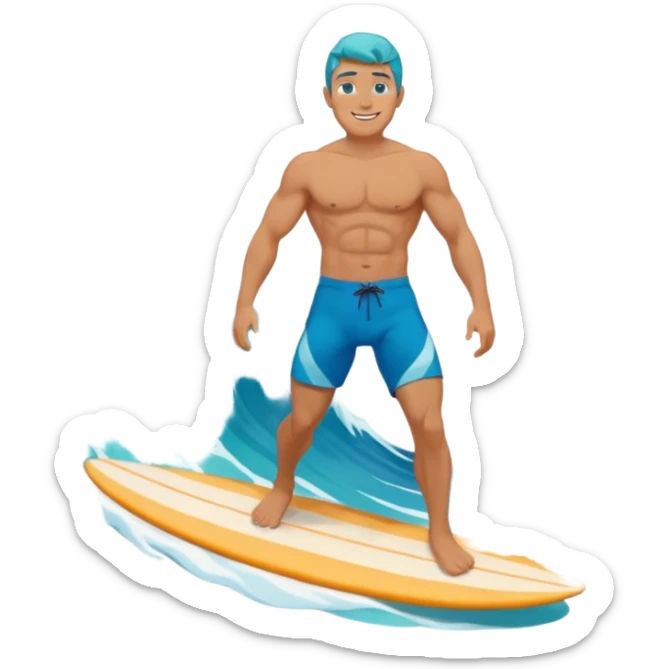 human male surfer riding a turquoise wave, muscular torso, shorts, big smile, bright sun, centered emoji, summer palette sticker
