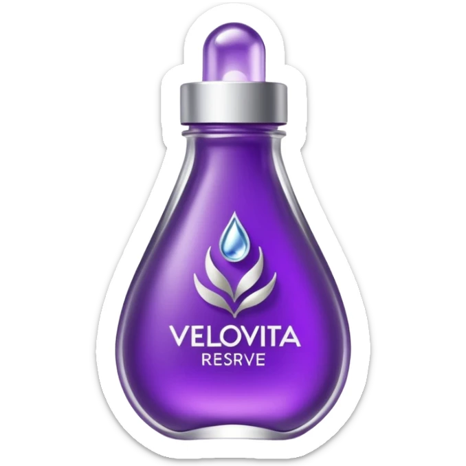 premium modern emoji of VELOVITA RESERVE: small purple wellness shot pouch with silver accents and droplet logo, antioxidant health supplement, sleek high-end look sticker