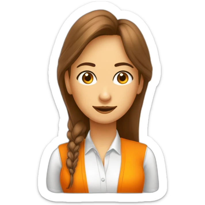 Chico sin bigote y chica trabajan en oficina con computadoras con remera color naranja sticker