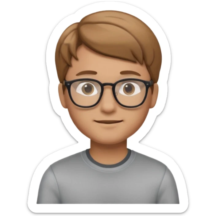 iOS-style emoji of a young man with light brown hair, glasses, casual outfit, friendly expression, memoji style sticker