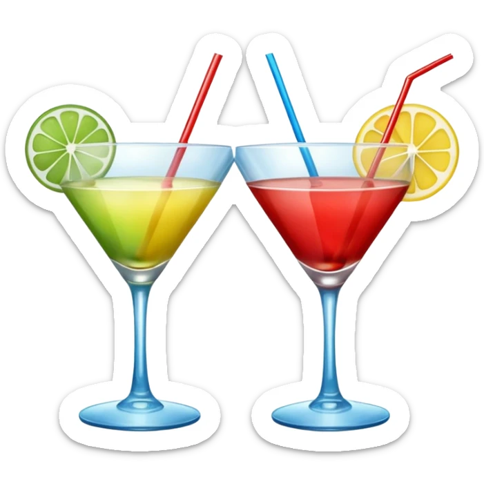 Create an emoji of two cocktails, one glass of green and yellow color and one glass of blue and red, without any fruit, put the action of cheers or party that two glass click together sticker