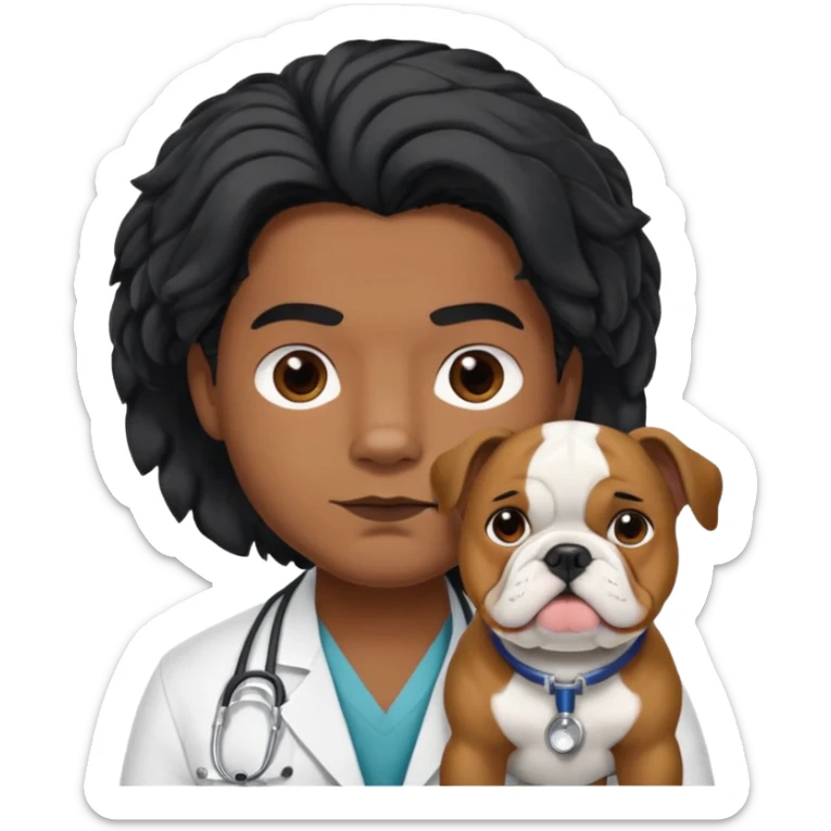 joven médico con el pelo un poco largo pero no tanto y lacio, que tenga un estetoscopio de color de piel tez negra calida !!! que sostiene un bulldog francés blanco sticker