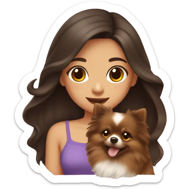 Girl with long wavy dark brown hair and medium brown eyes holds her pet pomeranian sticker