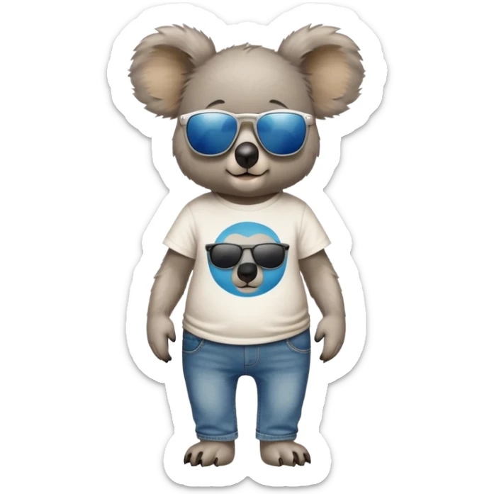 anthropomorphised koala in a band t-shirt and jeans wearing dark sunglasses walking upright sticker