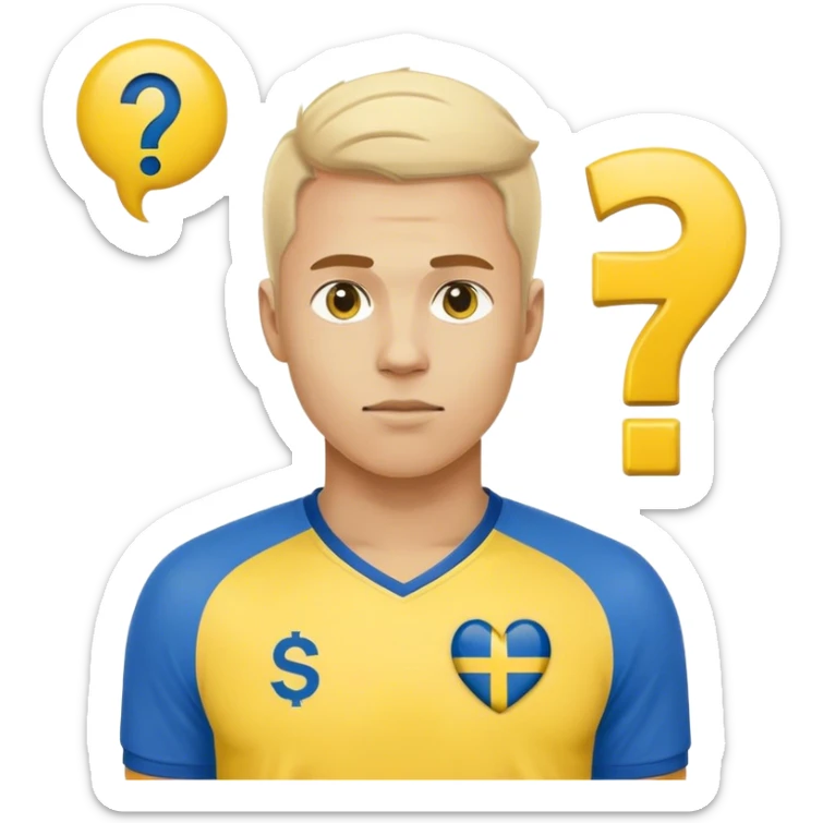 Swedish male soccer player with question mark on the right corner with yellow and blue clothes and with the Swedish flag on the chest and with a question mar outside the emoji sticker