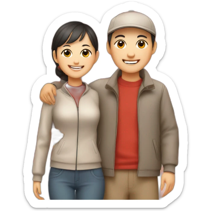 Happy skinny Chinese parents with caps. Standing in a park in front of an red autumn tree sticker