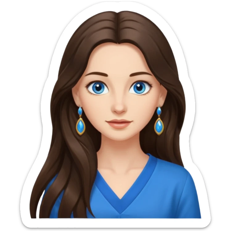 
Create an emoji of a brunette with blue eyes. She should have long hair, stylish clothing, and a friendly facial expression. Add some accessories like earrings or glasses to make the look more interesting. sticker