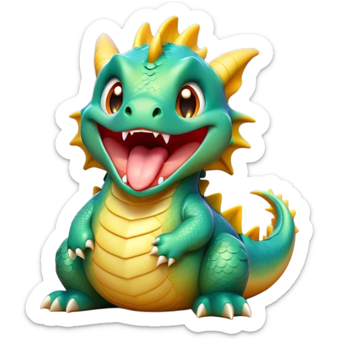 Cinematic Cute Yawning Dragon Portrait Emoji, Head tilted slightly with a dramatic, wide-open yawn, showcasing a soft, lustrous scaled body with gently drooping fins and half-closed, drowsy eyes, Simplified yet irresistibly adorable features, highly detailed, glowing with a soft, cozy mythical glow, high shine, relaxed yet expressive, stylized with a dash of fantastical charm, soft glowing outline, capturing the essence of a sleepy yet affectionate dragon that seems ready to stretch out and rest in its enchanted lair! sticker