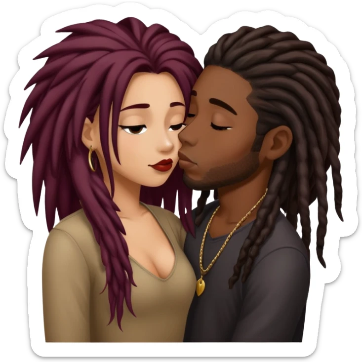 Dark Wine colored hair Latina long hair, kissing young black guy with dreads sticker