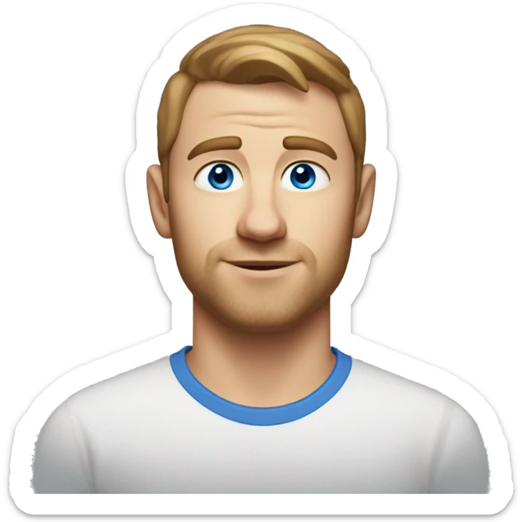 A head and shoulders shot of a 32 year old White man, with short brown hair,   with blue eyes wearing a t-shirt. sticker