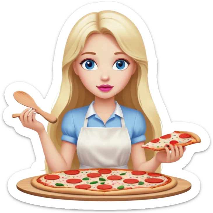 Cinematic realistic beautiful blonde with long hair, blue eyes and pink lips in a white dress cooks pizza sticker