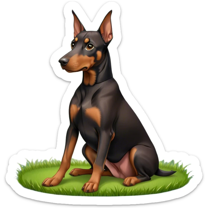 Close-up of a Doberman Pinscher sitting on lush green grass, looking alert and majestic. The background features a beautiful, serene nature view with rolling hills and bright blue skies. The dog’s sleek black and tan coat shines under the sun. Transparent background. sticker