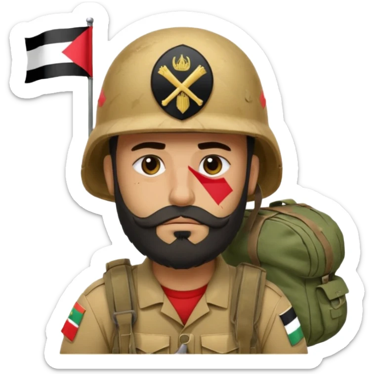 A tired and sad, swarthy Iraqi soldier with a beard, an Iraqi flag on his helmet, a sad expression and bags under his eyes sticker