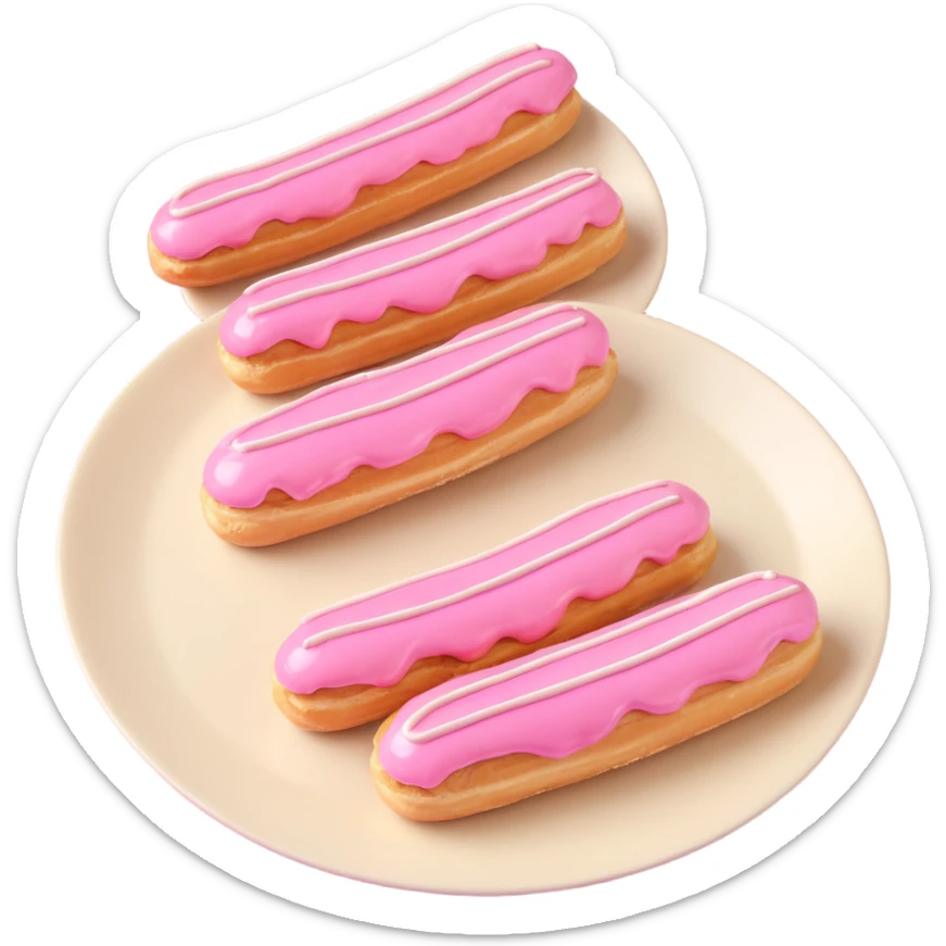 3D iOS-style illustration of three eclairs with pink glaze and cream on a plate, metallic effect, no background. sticker