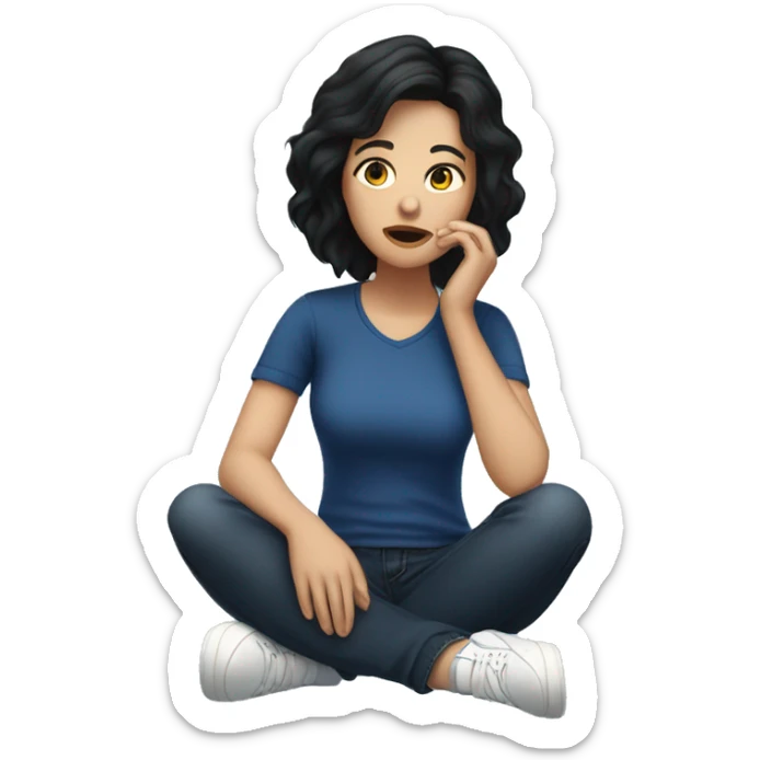 white woman with black hair, dark blue shirt and jeans, white sneakers, lying on the floor with her hands on her face sticker