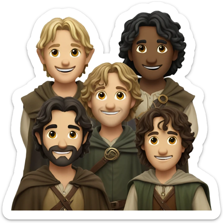 The main characters of "Lord Of The Rings" standing, smiling, facing the camera & waving goodbye. sticker