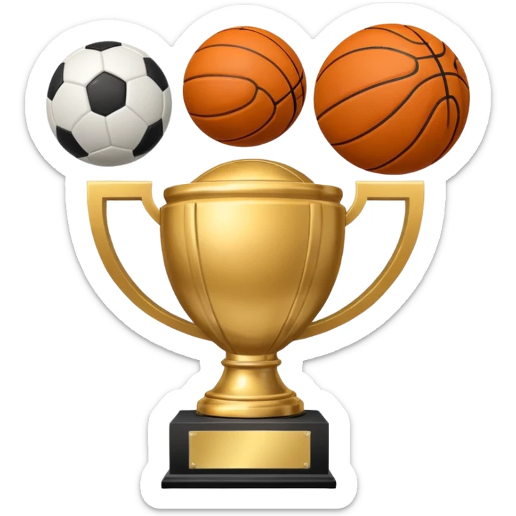a basketball, soccer ball, volleyball, and a football all mixed with one trophy sticker