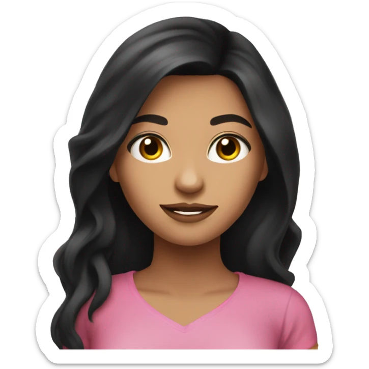 beautiful, pretty latina girl with black long hair and a pink shirt sticker