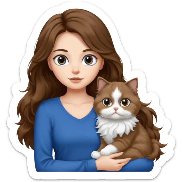 a girl with long wavy ish brown hair with a blue top and black pants holding a white persian cat  sticker