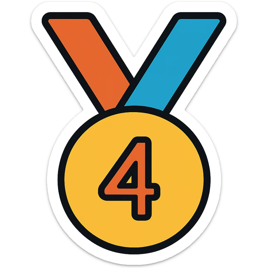 Add gold, bronze, and blue colors to the medal for 4th place with ribbon, keep the number 4 visible, icon style, no background. sticker