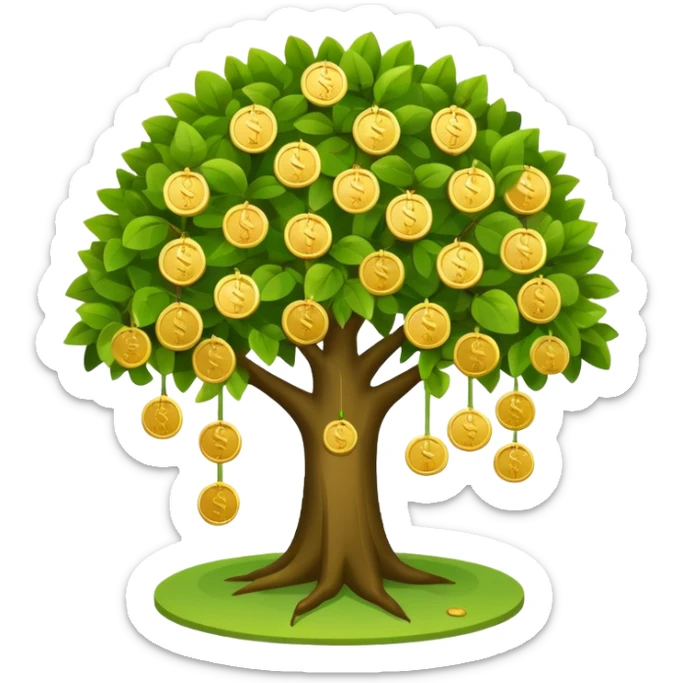 Apple-style money tree, round soft green canopy.
No pot, no ground — only the tree.
Small gold coins as fruits inside the leaves (not below).
Flat 2D vector, clean shapes, no gradients.
Dark near-black background, premium fintech icon. sticker