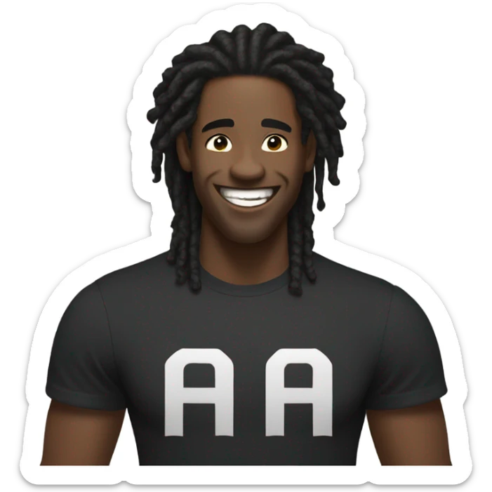 black man- short dread locks-  no facial hair laughing black shirt strong  sticker