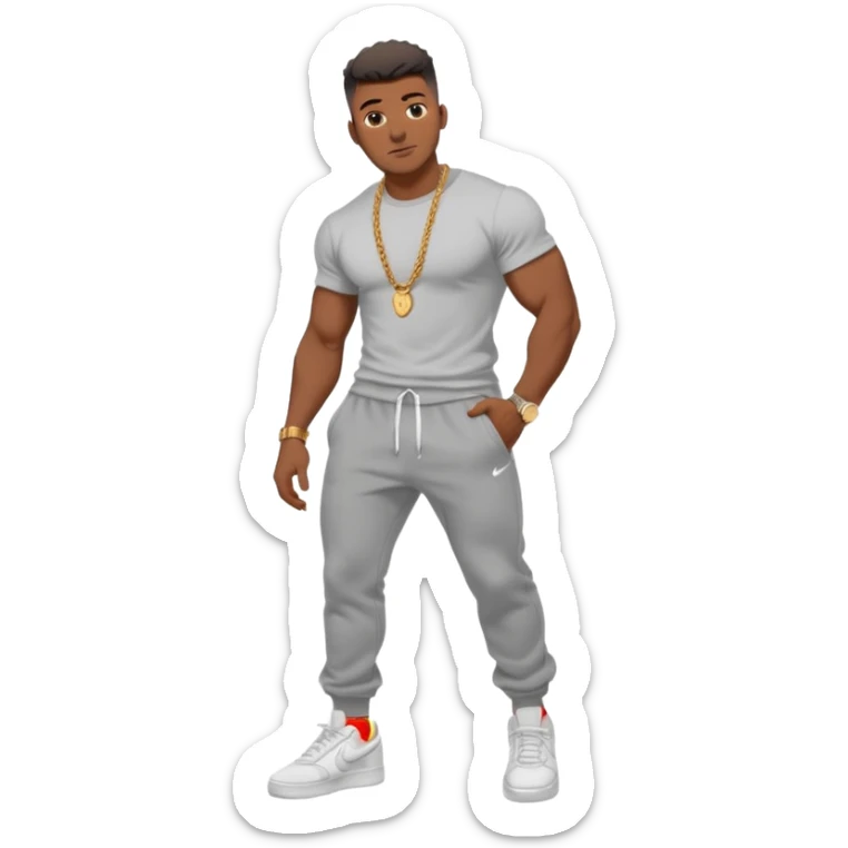 Handsome Black guy with brown skin tone, with muscular build, wearing gray sweatpants, a white t-shirt, white Air Force Ones sneakers, a small gold rope chain, and a gold watch  sticker