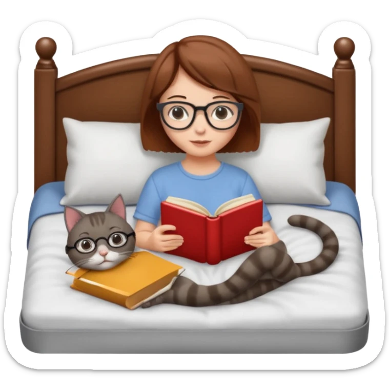 A girl is lying in bed. She has short chestnut hair styled neatly, is wearing glasses, and is reading a book. A grey cat is lying on her legs. sticker
