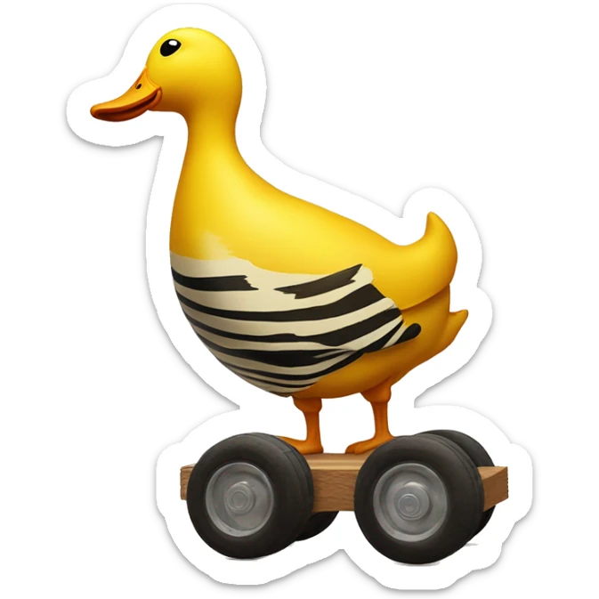 Big Yellow Duck with vertical tiger stripes on wooden wheels like from the book janosh. Point of view from the side 90 degrees sticker