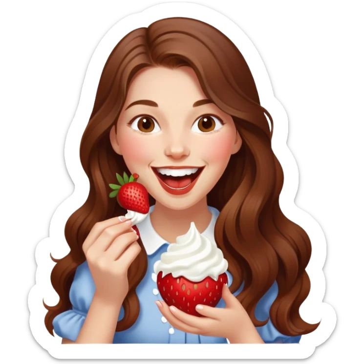 Girl with long brown hair eating strawberries and whipped cream, laughing elegant  sticker