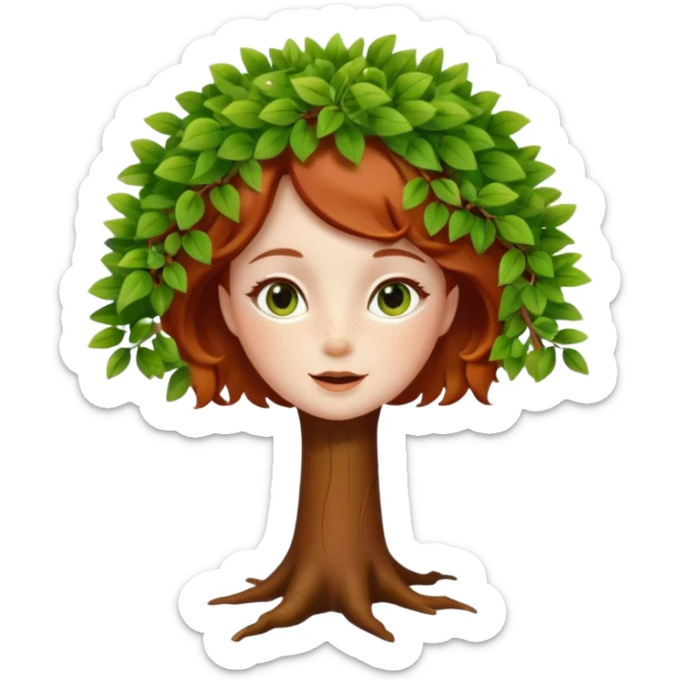 Un petit sapin vert sylvestre, féminin, regard malicieux, tâches de rousseurs délicates, joues roses. Yeux de biche brillants en forme amande, yeux couleur ambre, tronc couleur acajou. Sapin en mouvement, incurvé pour un effet vivant. Style memoji. sticker