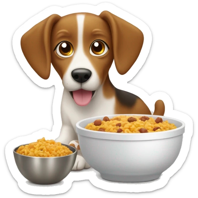 A cute dog with a recipe for food in the bowl in front of it means not just simple food in the bowl but a recipe food that the dog is eating. sticker