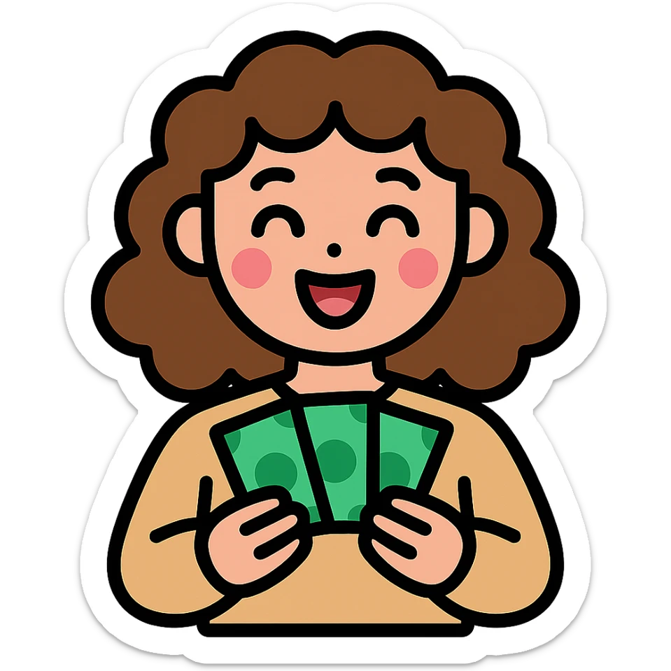 girl with rummy hair in beige sweater happy with money in hands sticker
