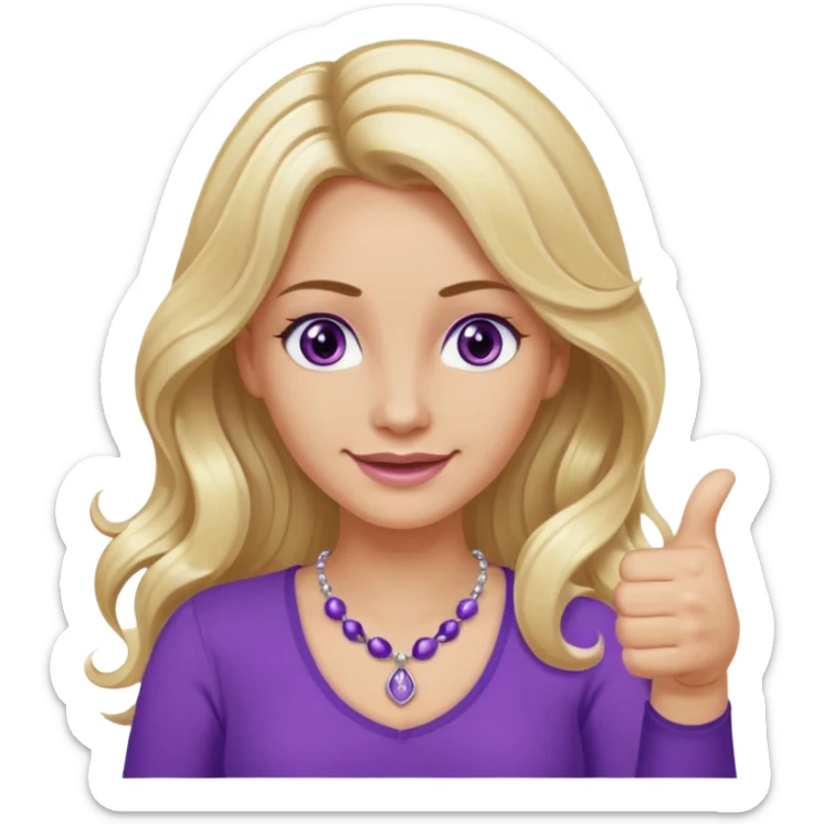 lady with long wavy blonde hair, purple top, коричневыми eyes, thumbs up, с бусами белые и серебром на шее sticker