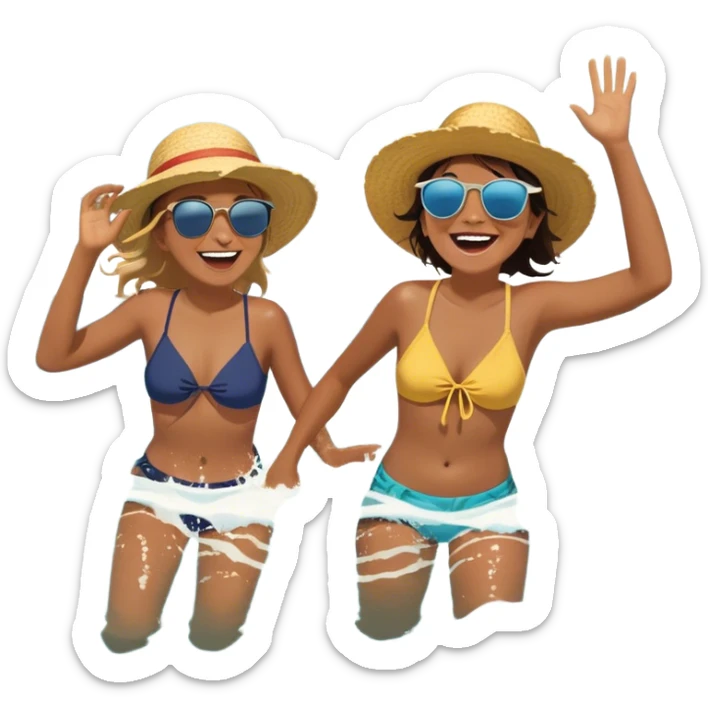 A person splashing in the ocean, laughing with a warm friend beside them. They’re playfully pretending to be explorers, fully immersed in the fun. The sun glows above, and the waves crash around them, symbolizing the joy of being present, creating fun, and appreciating the moment with the people  sticker