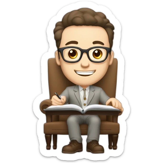Joyful Celebrating victory Pale skinned Fit Man With dark brown hair in gray jacket, beige office shirt, Brown pants and vintage glasses sitting In a soft chair with a notebook and a pen sticker