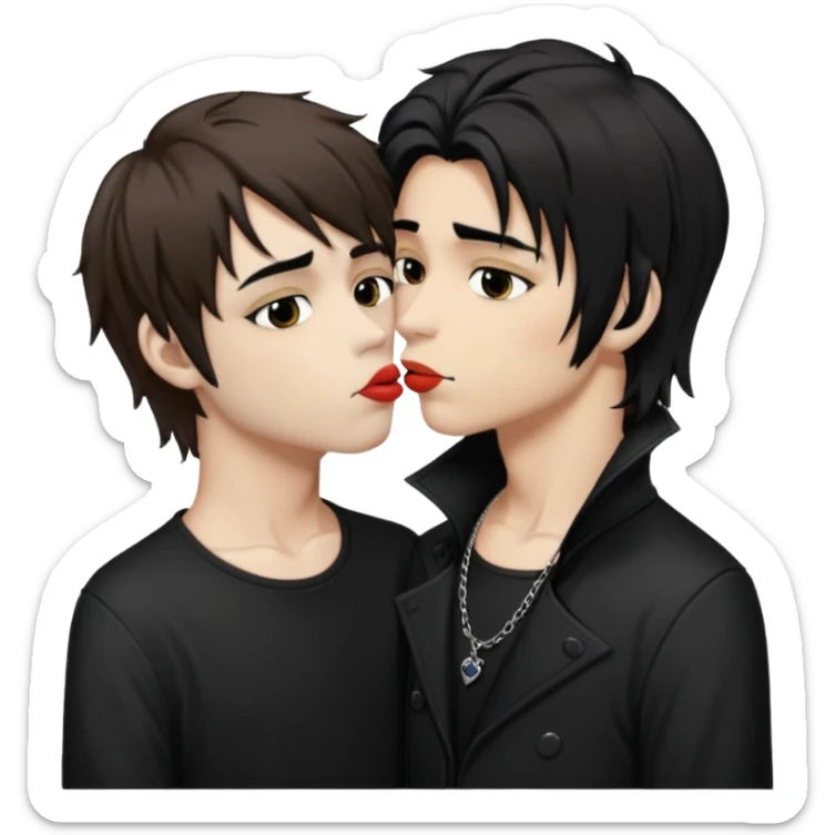 Goth Boys, one goth boy pale with shaggy brown hair and makeup, the other a goth boy tan with long black hair, kissing sticker