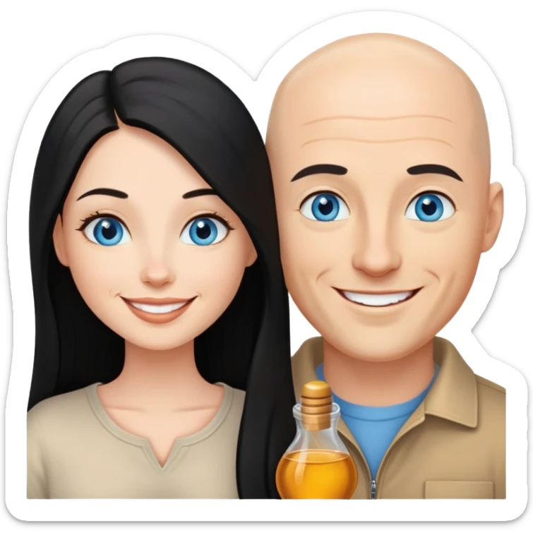 Pareja juntos . El calvo piel blanca sonrisa ojos celestes . Ella pelo negro largo ojos miel sonrisa hermosa . Enamorados  sticker