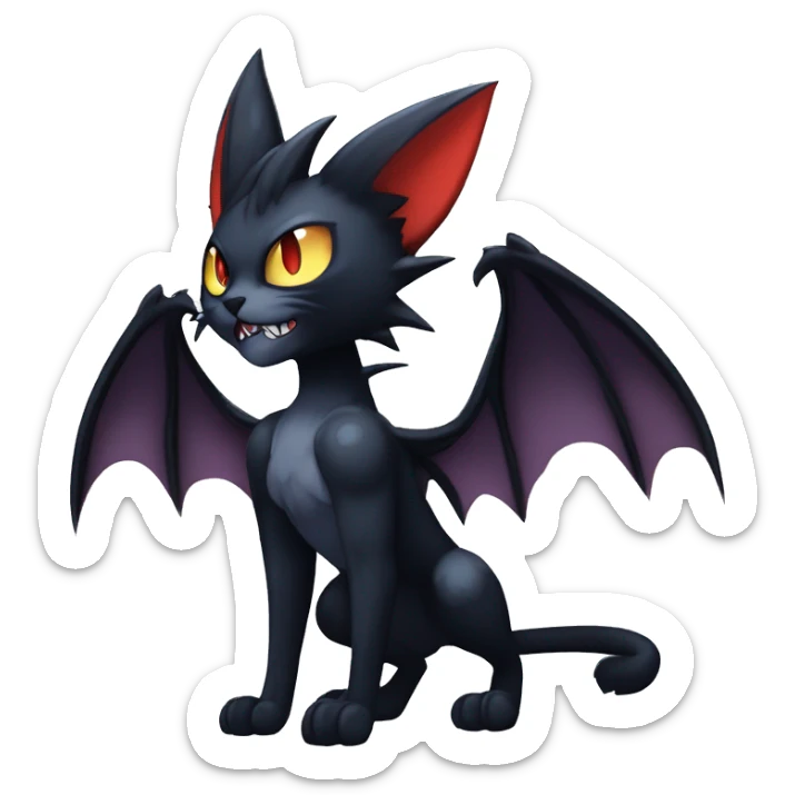   cool edgy beautiful fantasy anime-style dark animal vampiric Litten-Nargacuga-cat-hybrid Fakemon with big fangs and bat-wing-ears full body sticker