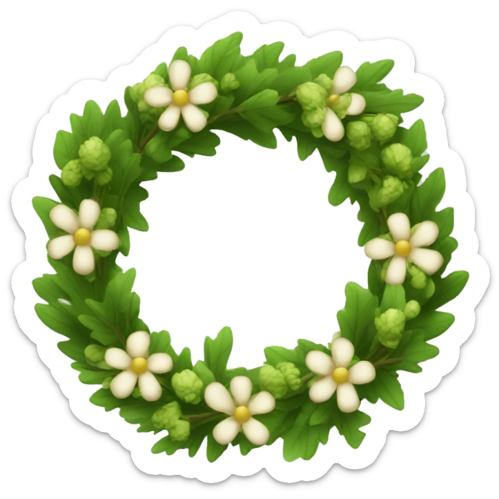 wreath of flowers and green oak leaves in style of iOS emoji sticker