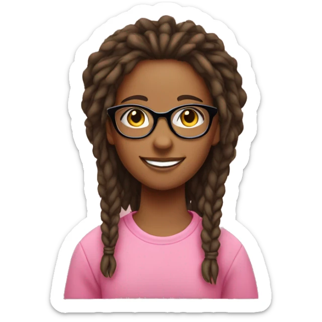 A girl with dreadleys in glasses and a pink sweatshirt with a cute smile sticker