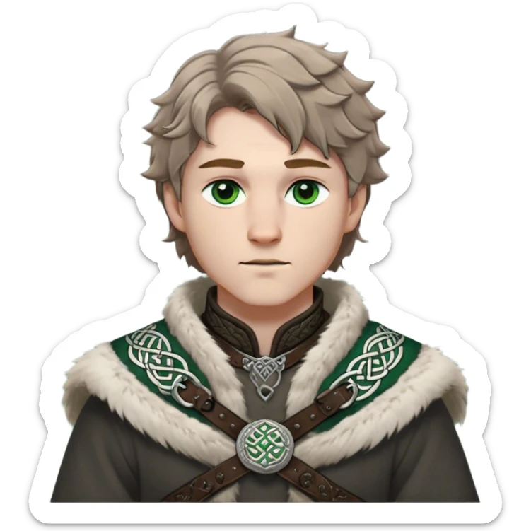 Medieval winter outfit worn by a DnD themed fantasy male character. Heavy charcoal wool tunic with arctic wolf fur lining, adorned with intricate iron clasps and a thick leather belt with celtic knotwork. Clothes only above the waist, full waist coverage. The character has no arms. Character is white-skinned with light brown hair, gray-green eyes, and short wavy hair dusted with winter's touch. sticker