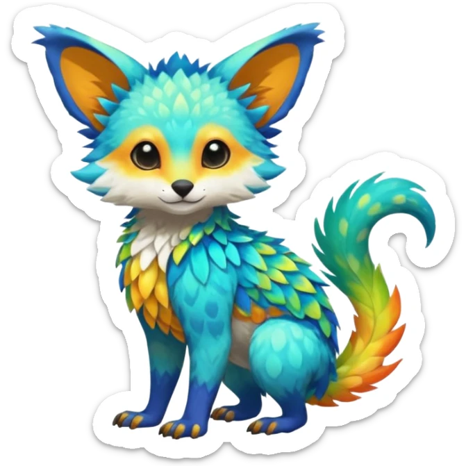 Colorful tropical exotic shiny beautiful fantasy-Trico-Cacomistle-oncilla-animal-Fakémon-hybrid-fursona (full body) sticker
