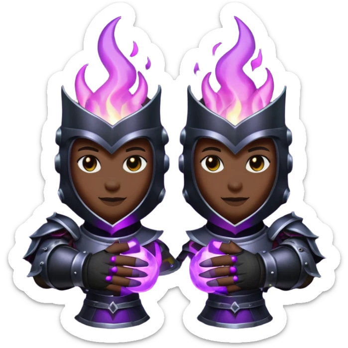 A Discord emoji of a pair of black armored gauntlets holding a flickering violet flame. The hands are positioned as if offering a gift. Dark gothic fantasy, glowing magical effects, high contrast, 2D vector style, white background. sticker