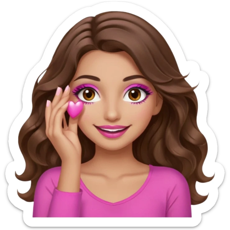 girl with long wavy brown hair, brown eyes, long lashes makeup, sexy pink lips, light to medium complexion, wearing a pink sexy top, smiling, hands covering over the eyes sticker